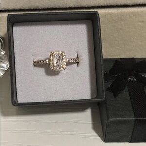 Rose Gold Plated Emerald Cut Halo Ring Size 8 | Pavé CZ Engagement Style